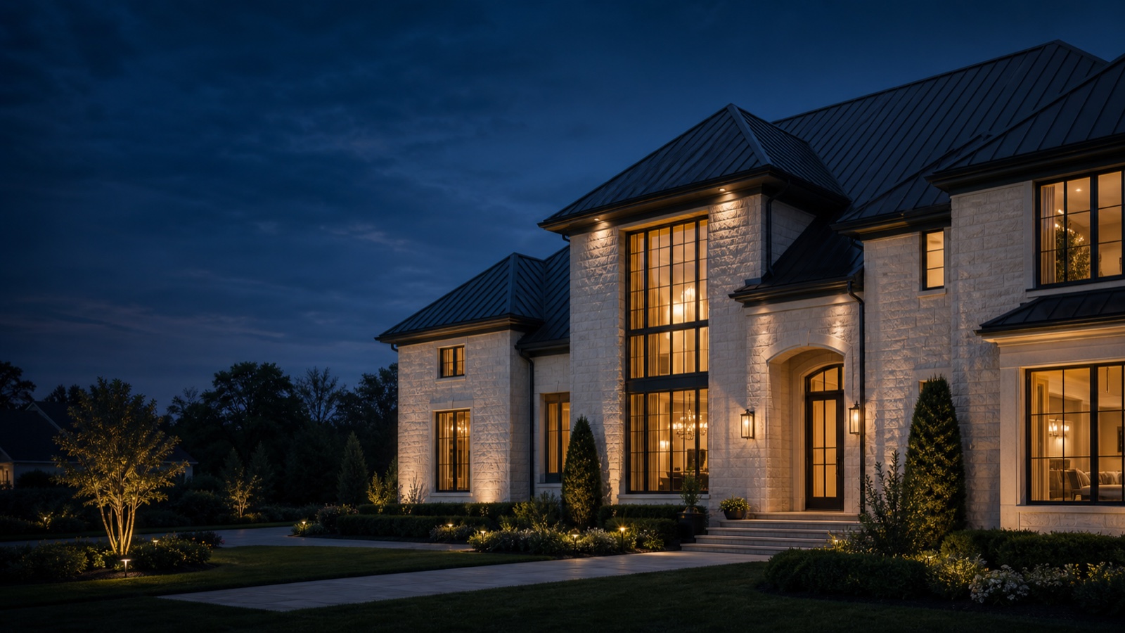 Upscale residence with a prominent dark metal roof at dusk